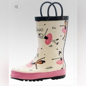 OAK Kids Ballet Rain Boots - Pink and Cream racing stripe on heel black 12T